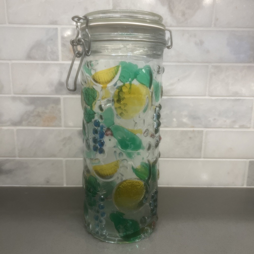 Vintage Hand-Painted Embossed Fruit Glass Jar with Wire Bale Lid